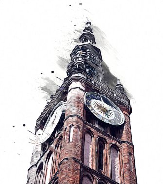 Polonya 'daki Gdansk şehrinin mimarisinin güzel bir görüntüsünün suluboya çizimi veya çizimi