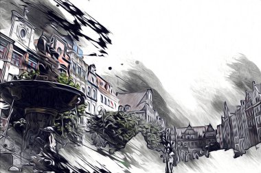 Polonya 'daki Gdansk şehrinin mimarisinin güzel bir görüntüsünün suluboya çizimi veya çizimi