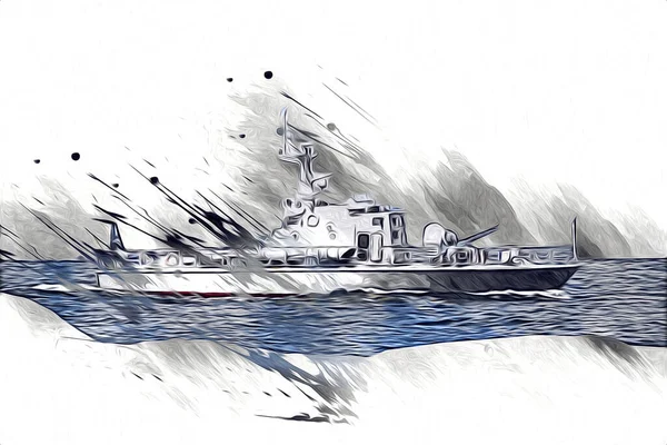 Wojskowy Statek Przechodzi Przez Szorstki Atlantycki Morze Ilustracja Vintage Retro — Zdjęcie stockowe