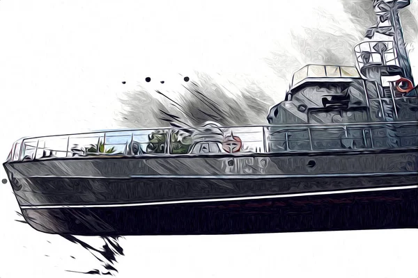 Navire Militaire Passe Par Mer Atlantique Rugueuse Illustration Vintage Art — Photo