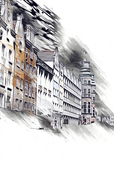 Polonya 'daki Gdansk şehrinin mimarisinin güzel bir görüntüsünün suluboya çizimi veya çizimi