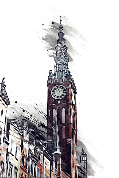 Croquis Aquarelle Illustration Une Belle Vue Sur Architecture Ville Gdansk — Photo