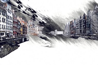 Polonya 'daki Gdansk şehrinin mimarisinin güzel bir görüntüsünün suluboya çizimi veya çizimi