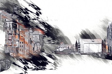 Polonya 'daki Gdansk şehrinin mimarisinin güzel bir görüntüsünün suluboya çizimi veya çizimi