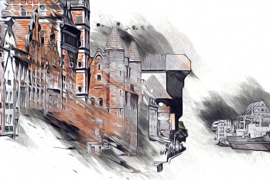 Polonya 'daki Gdansk şehrinin mimarisinin güzel bir görüntüsünün suluboya çizimi veya çizimi