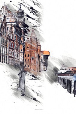 Polonya 'daki Gdansk şehrinin mimarisinin güzel bir görüntüsünün suluboya çizimi veya çizimi