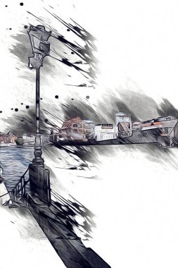 Polonya 'daki Gdansk şehrinin mimarisinin güzel bir görüntüsünün suluboya çizimi veya çizimi