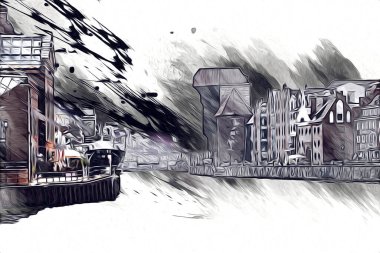 Polonya 'daki Gdansk şehrinin mimarisinin güzel bir görüntüsünün suluboya çizimi veya çizimi