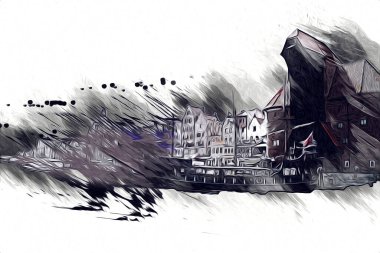 Polonya 'daki Gdansk şehrinin mimarisinin güzel bir görüntüsünün suluboya çizimi veya çizimi