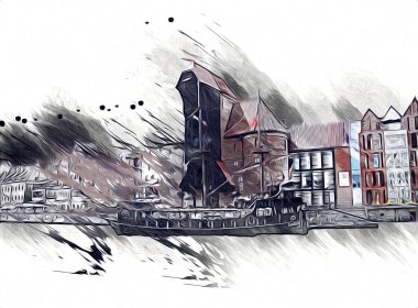 Polonya 'daki Gdansk şehrinin mimarisinin güzel bir görüntüsünün suluboya çizimi veya çizimi