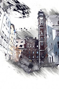 Polonya 'daki Gdansk şehrinin mimarisinin güzel bir görüntüsünün suluboya çizimi veya çizimi