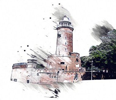 El çizimi suluboya deniz feneri illüstrasyon sanat klasiği çizimi