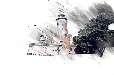 El çizimi suluboya deniz feneri illüstrasyon sanat klasiği çizimi