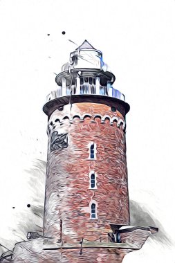 El çizimi suluboya deniz feneri illüstrasyon sanat klasiği çizimi