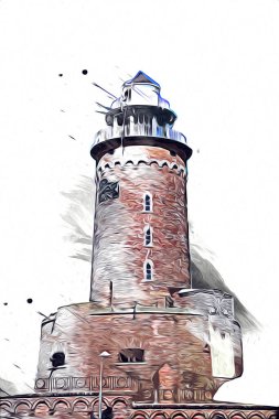 El çizimi suluboya deniz feneri illüstrasyon sanat klasiği çizimi
