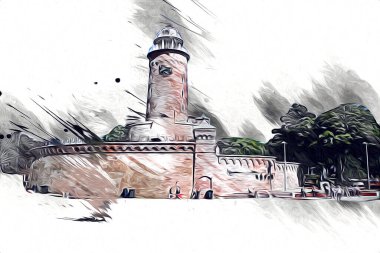 El çizimi suluboya deniz feneri illüstrasyon sanat klasiği çizimi