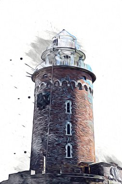 El çizimi suluboya deniz feneri illüstrasyon sanat klasiği çizimi