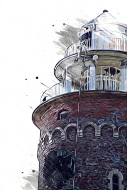 El çizimi suluboya deniz feneri illüstrasyon sanat klasiği çizimi