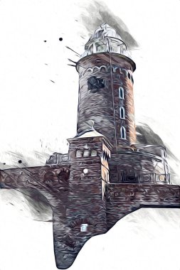El çizimi suluboya deniz feneri illüstrasyon sanat klasiği çizimi