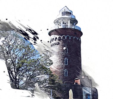 El çizimi suluboya deniz feneri illüstrasyon sanat klasiği çizimi