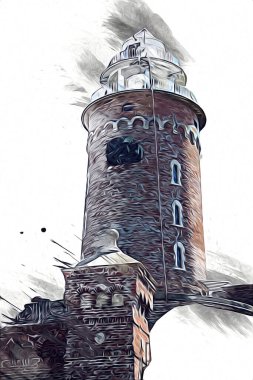 El çizimi suluboya deniz feneri illüstrasyon sanat klasiği çizimi