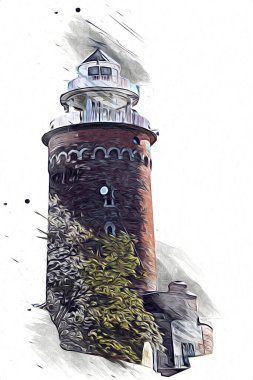 El çizimi suluboya deniz feneri illüstrasyon sanat klasiği çizimi