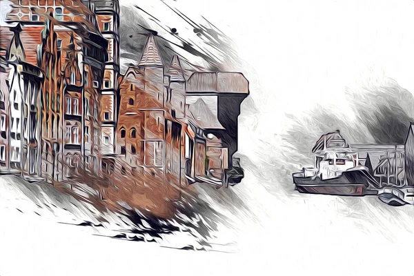 Акварельный Эскиз Иллюстрация Прекрасного Вида Архитектуру Города Гданьска Польше — стоковое фото