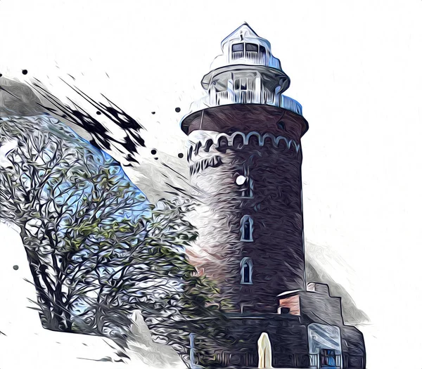 El çizimi suluboya deniz feneri illüstrasyon sanat klasiği çizimi