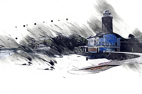 El çizimi suluboya deniz feneri illüstrasyon sanat klasiği çizimi