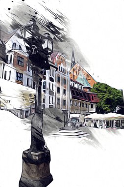 Kolobrzeg eski şehir, belediye binası, poland resim çizimi