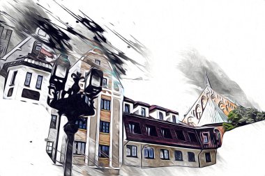 Kolobrzeg eski şehir, belediye binası, poland resim çizimi