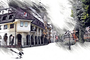 Kolobrzeg eski şehir, belediye binası, poland resim çizimi