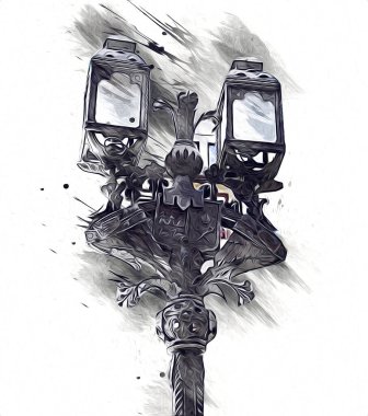 Antika sokak feneri el yapımı sanat eskileri çiziyor.