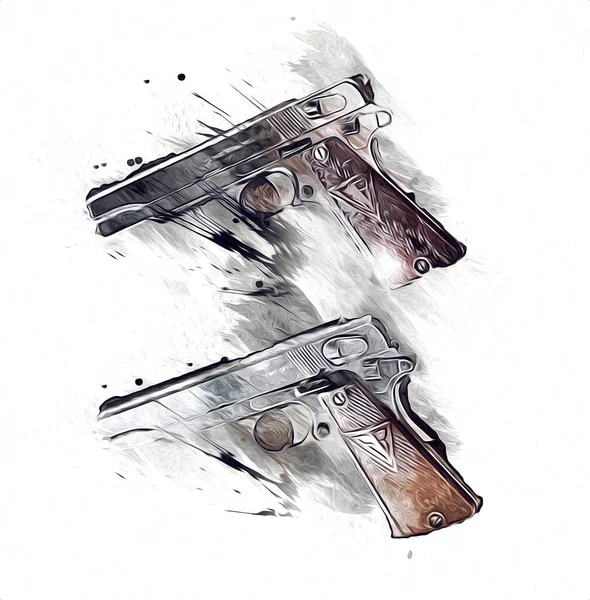 Revolver Illustration Pistolet Vintage Dessinée Main Ensemble Vieux Pistolets Style — Photo