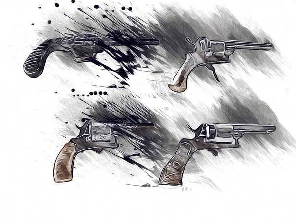 Револьвер Рисунок Винтажного Пистолета Ручной Работы Набор Пистолетов Стиле Гравировки — стоковое фото
