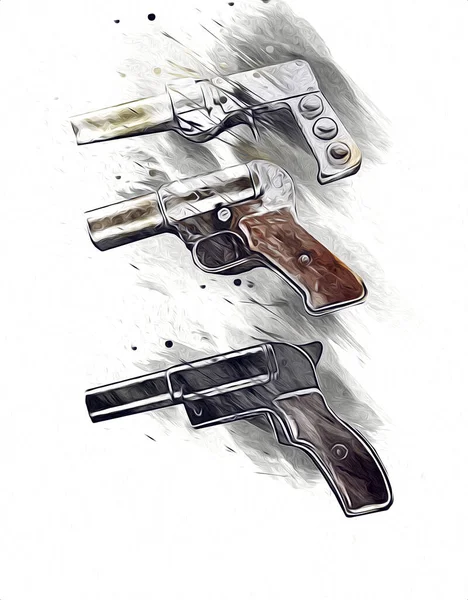 Revolver Illustration Pistolet Vintage Dessinée Main Ensemble Vieux Pistolets Style — Photo