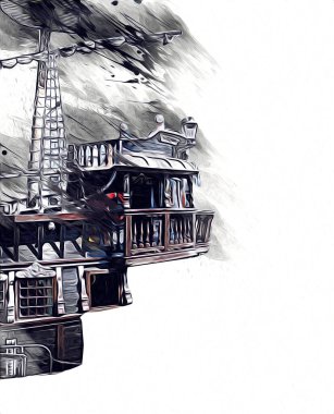 Deniz illüstrasyonunda yelken açan korsan gemisi klasik eskiz çiziyor.