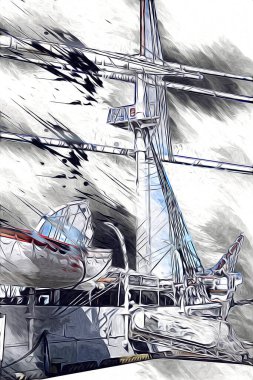 Antika tekne deniz motifi el yapımı sanat eseri çizimi