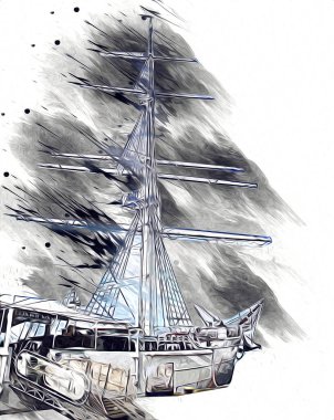 Antika tekne deniz motifi el yapımı sanat eseri çizimi