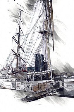 Antika tekne deniz motifi el yapımı sanat eseri çizimi