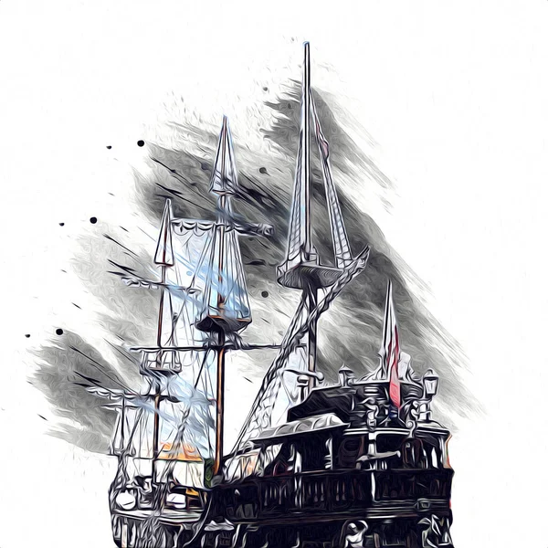 Nave Pirata Vela Sul Mare Illustrazione Arte Disegno Schizzo Vintage — Foto Stock