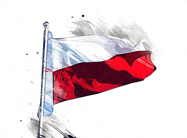 Polska Macha Flagą Odosobnionym Tle Sztuka Ilustracja Rysunek Vintage — Zdjęcie stockowe