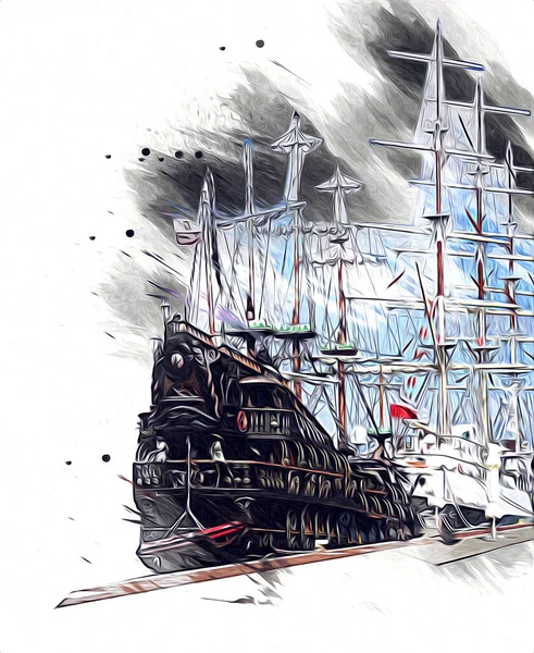 Antieke Boot Zee Motief Tekening Handgemaakte Illustratie Kunst Vintage Tekening — Stockfoto