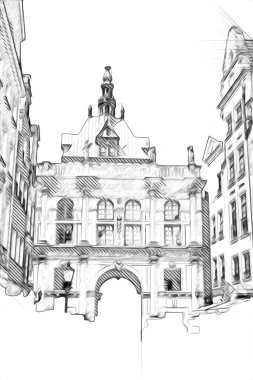 Polonya 'daki Gdansk şehrinin mimarisinin güzel bir görüntüsünün suluboya çizimi veya çizimi