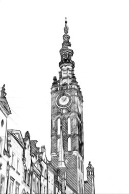 Polonya 'daki Gdansk şehrinin mimarisinin güzel bir görüntüsünün suluboya çizimi veya çizimi