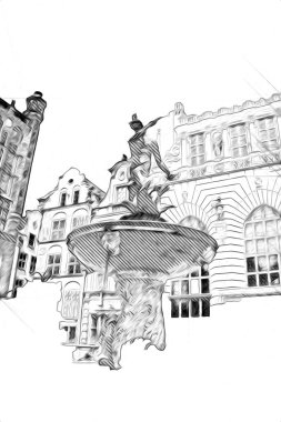 Polonya 'daki Gdansk şehrinin mimarisinin güzel bir görüntüsünün suluboya çizimi veya çizimi