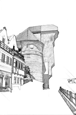 Polonya 'daki Gdansk şehrinin mimarisinin güzel bir görüntüsünün suluboya çizimi veya çizimi