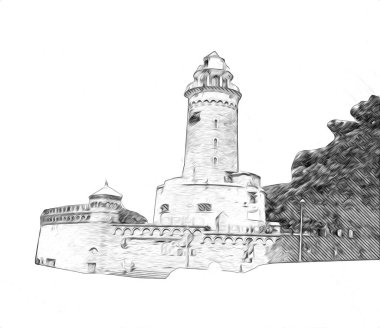 El çizimi suluboya deniz feneri illüstrasyon sanat klasiği çizimi