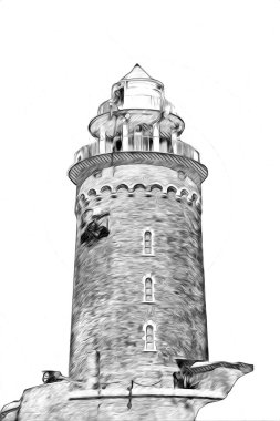 El çizimi suluboya deniz feneri illüstrasyon sanat klasiği çizimi