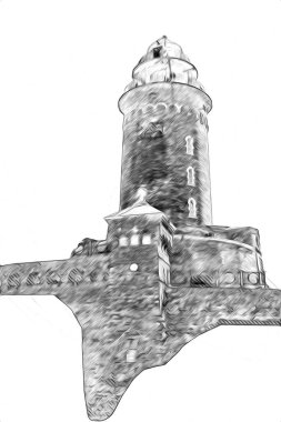 El çizimi suluboya deniz feneri illüstrasyon sanat klasiği çizimi